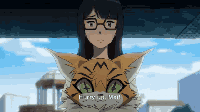 a girl with glasses is holding a cat with the words hurry up mei written on it