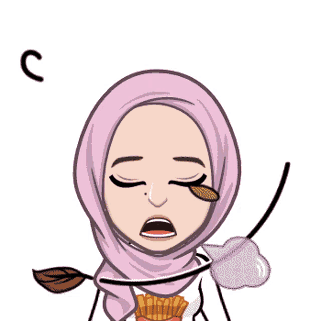 a cartoon of a woman wearing a pink hijab and a white shirt with french fries