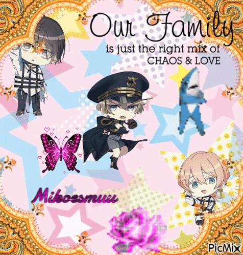 a collage of anime characters with the words our family is just the right mix of chaos & love