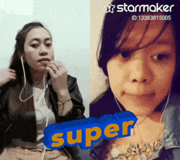 a picture of a woman with ear buds next to a blue super sign