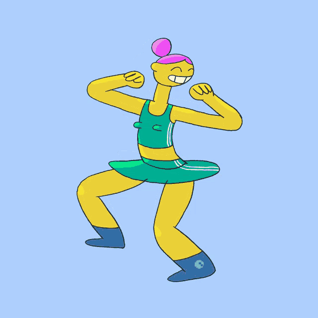 a cartoon drawing of a woman with a pink headband and a blue skirt