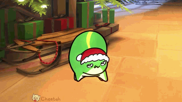 a drawing of a frog wearing a santa hat with the word cheetah below it