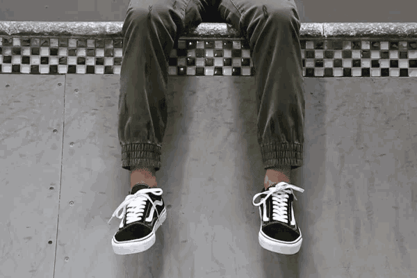 a person wearing a pair of black and white vans
