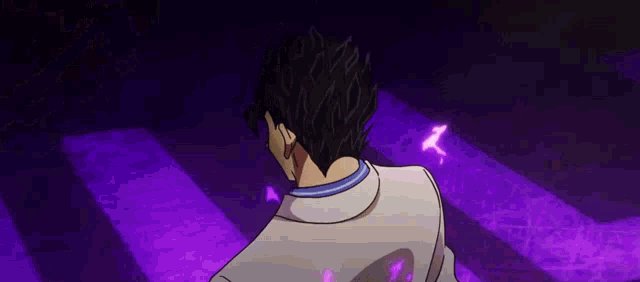 a man in a white suit is standing in a dark room with purple stripes on the floor .