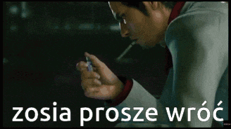 a man is smoking a cigarette in a dark room with the words zosia prosze wroc written below him
