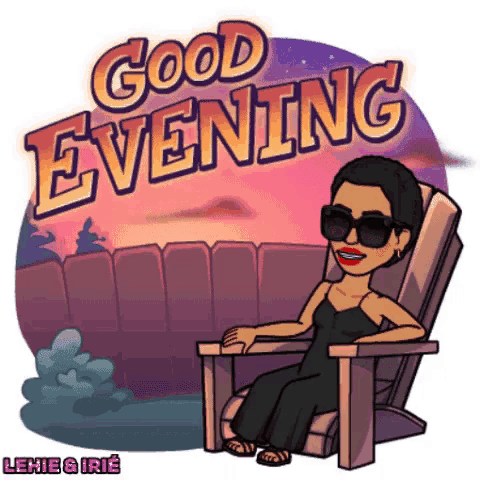 a cartoon of a woman sitting in a chair with the words `` good evening '' written on it .