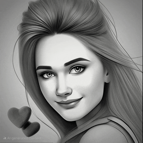 a black and white drawing of a woman holding two hearts