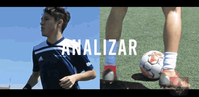 a man in an adidas shirt is standing next to a soccer ball and the word analizar is above him