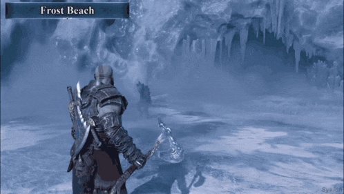 a person in a video game is standing in a snowy area called frost beach