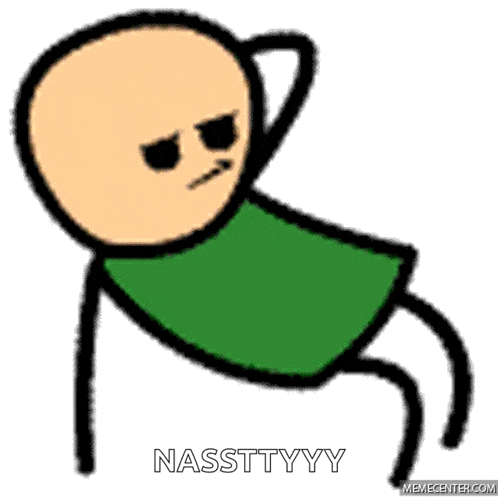 a cartoon character with a green shirt is laying down with the words nassttyyy below him