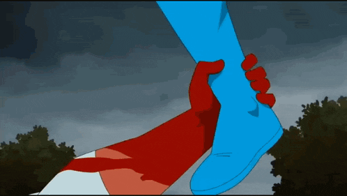 a cartoon of a person holding another person 's leg in a blue boot .