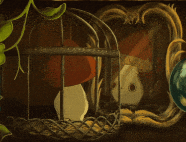 a drawing of a mushroom in a cage