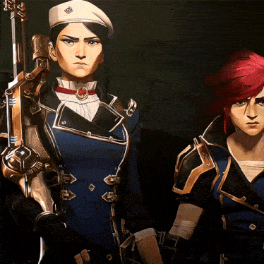 a couple of cartoon characters standing next to each other with one wearing a white beret with a diamond on it