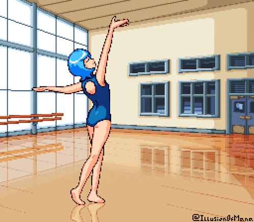 a pixel art of a girl in a blue swimsuit