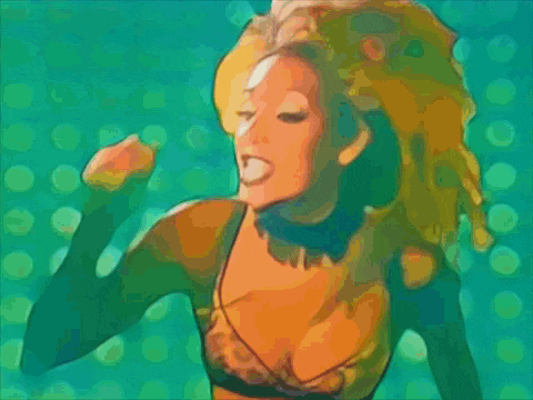 a colorful drawing of a woman with green hair