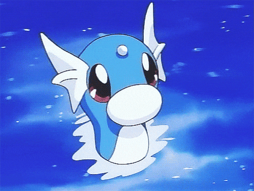 a blue and white cartoon character with wings is swimming in the water