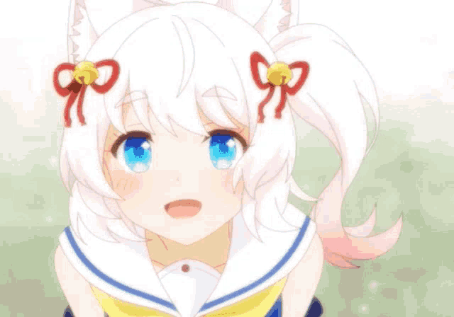 a girl with white hair and blue eyes is wearing a sailor uniform