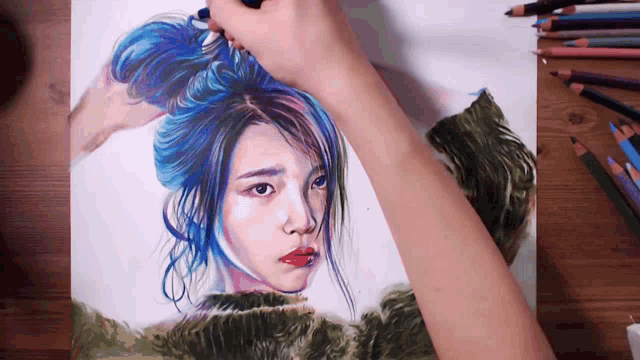 a drawing of a woman with blue hair and red lips
