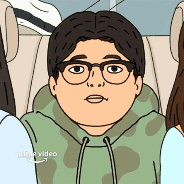 a cartoon of a man wearing glasses and a green hoodie that says prime video on the bottom