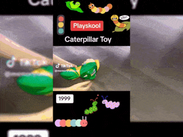 a playskool caterpillar toy from 1999 is shown on a tiktok video