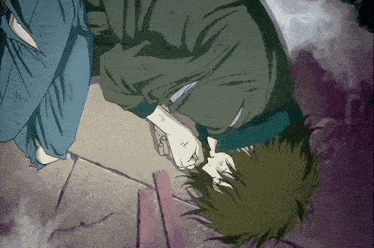 a drawing of a man laying on the ground with a purple background