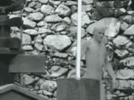 a black and white photo of a statue and a stone wall .