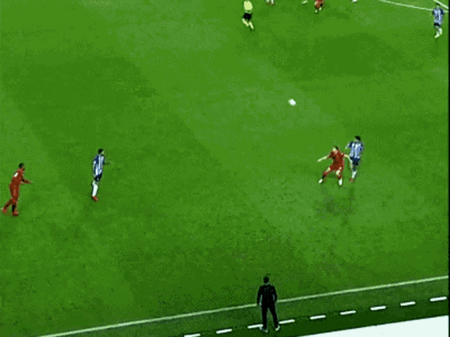 a group of soccer players are playing on a field and one of them is wearing a blue jersey with the number 10
