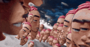 a woman is looking at her reflection in a mirror surrounded by cartoon faces with pink hair