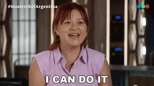 a woman says " i can do it " while smiling