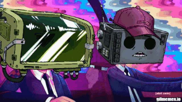 a pixel art drawing of a man in a suit and tie with a hat and a box on his head that says adult swim