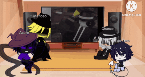 a group of cartoon characters are watching a video on a television with the name azure on the bottom left