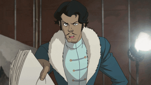 a man in a fur coat is holding a book