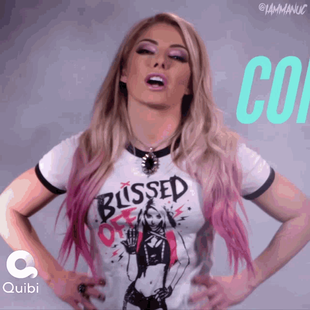 a woman wearing a shirt that says blissed on it