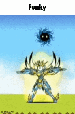 a cartoon character is standing in front of a blue sky with a black object in the sky .