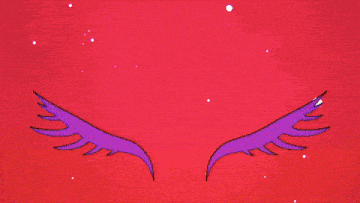 a cartoon drawing of a person 's hand reaching into a purple and pink circle .