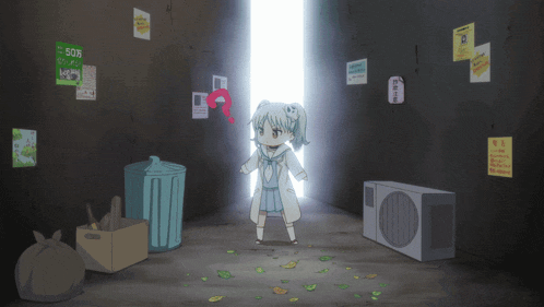 a girl in a white coat is standing in a dark room with posters on the wall including one that says " 50 "