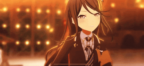 a girl with long hair is wearing a black suit