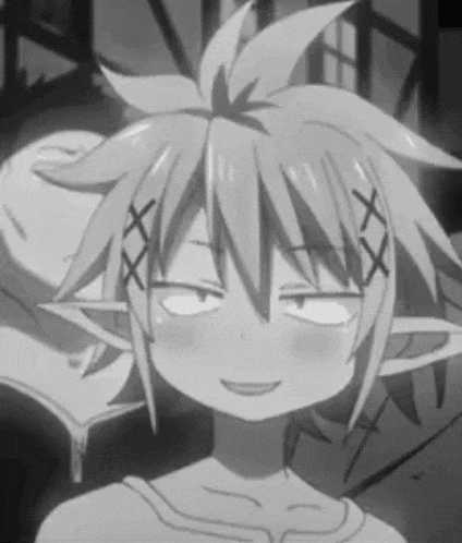 a black and white photo of a girl with ears and a ponytail making a funny face .