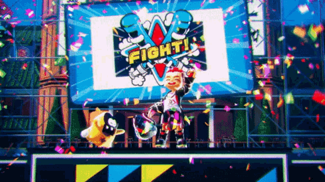 a cartoon character is standing in front of a sign that says " fight "