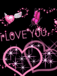 a butterfly with wings is surrounded by pink hearts and the words " love you "