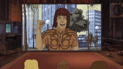 a cartoon shows a man with a tattoo on his chest that says 1816
