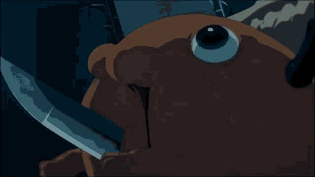a cartoon character is holding a knife in his mouth