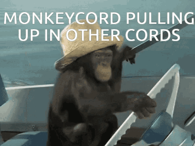 a monkey wearing a straw hat is holding a steering wheel with the caption monkeycord pulling up in other cords
