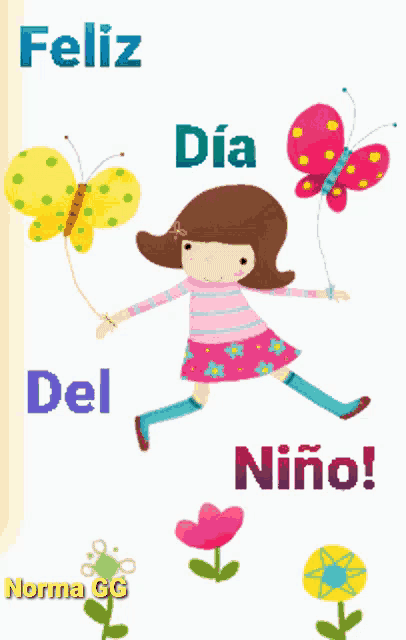 a girl is jumping in the air with butterflies and the words feliz dia del niño on the bottom