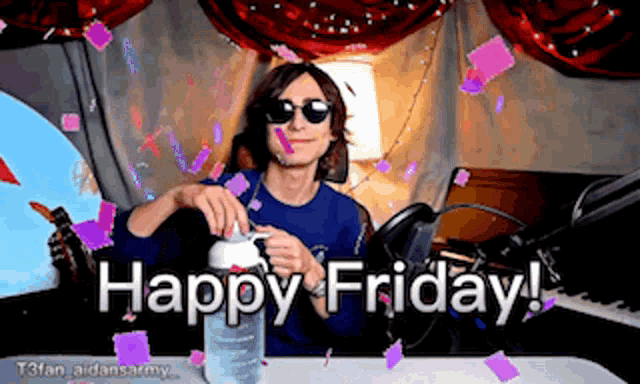 a happy friday greeting with a man holding a bottle