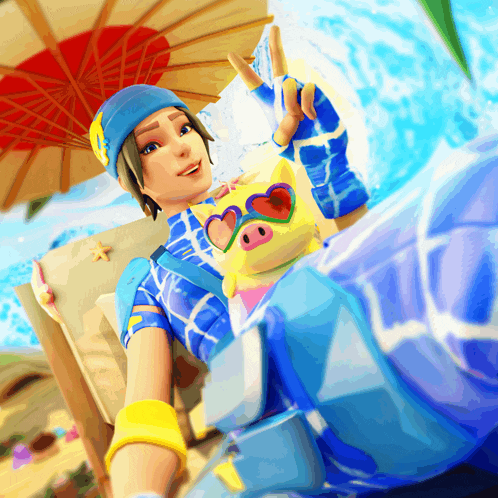 a cartoon character is laying on a beach with an umbrella and a stuffed animal