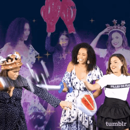 a woman wearing a tumblr t-shirt is standing next to another woman