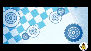 a blue and white checkered background with a yellow cartoon character