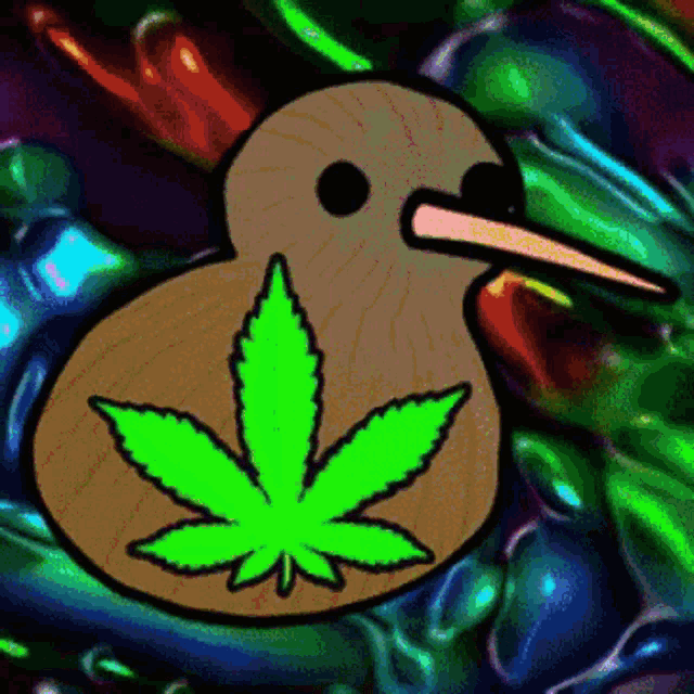 a kiwi bird with a green marijuana leaf on it