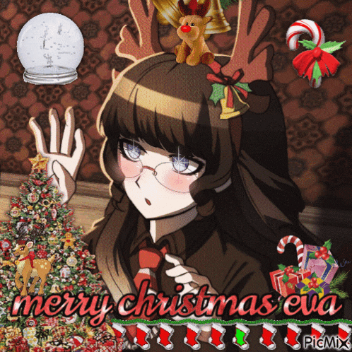 a picture of a girl with antlers and the words merry christmas eva on the bottom